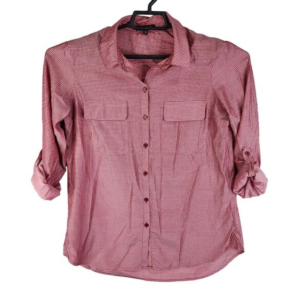 Womens Express Red Polka Dot Blouse Top Button-Up Roll Tab Sleeve Size M - Picture 1 of 11